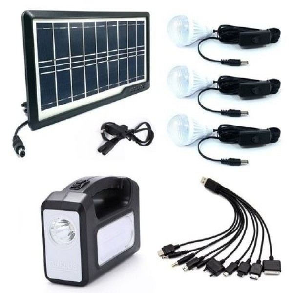 Kit incarcare solara, 3 becuri, incarcator priza si cablu cu 10 mufe
