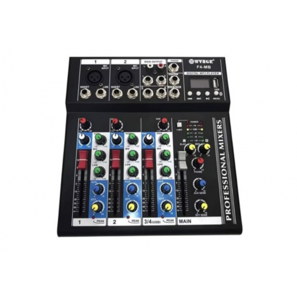 Mixer audio digital profesional F4, neamplificat, 4 canale, conexiune Bluetooth, cititor USB, ecran LCD iluminat, Phantom 48V, negru
